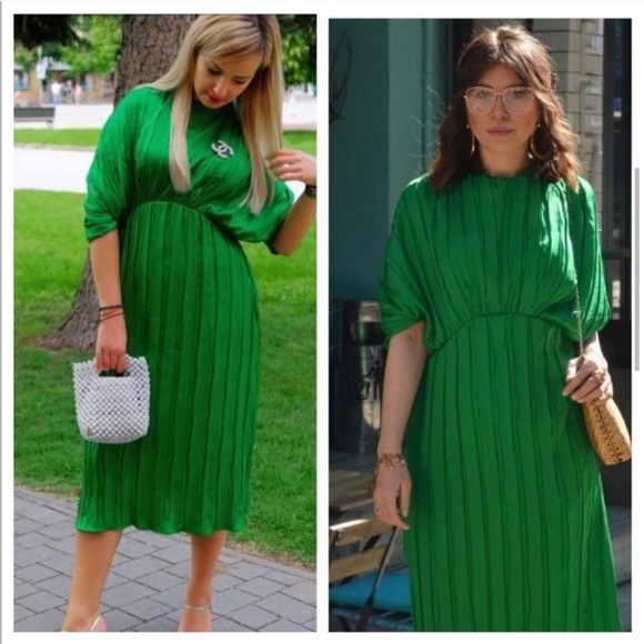 ZARA LIMITED EDITION GREEN PLEATED MIDI DRESS WITH PUFF SLEEVES 2297/693 small - Picture 3 of 15